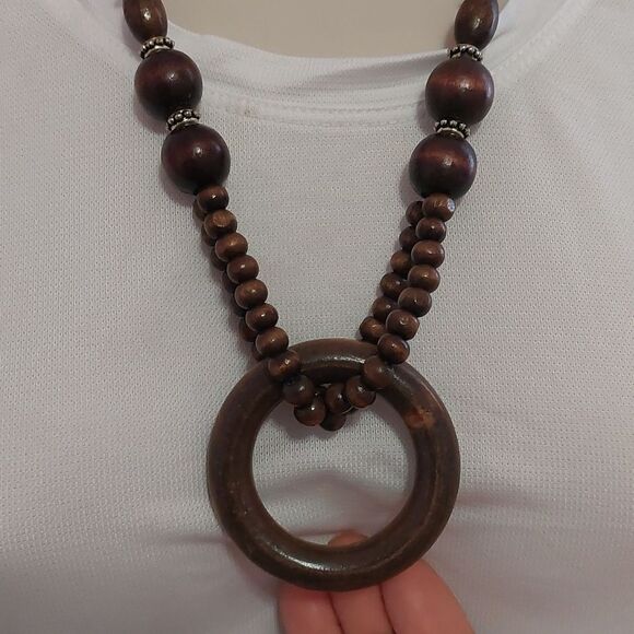 Dark Brown Polished Wood Bead Statement Necklace - Picture 4 of 6